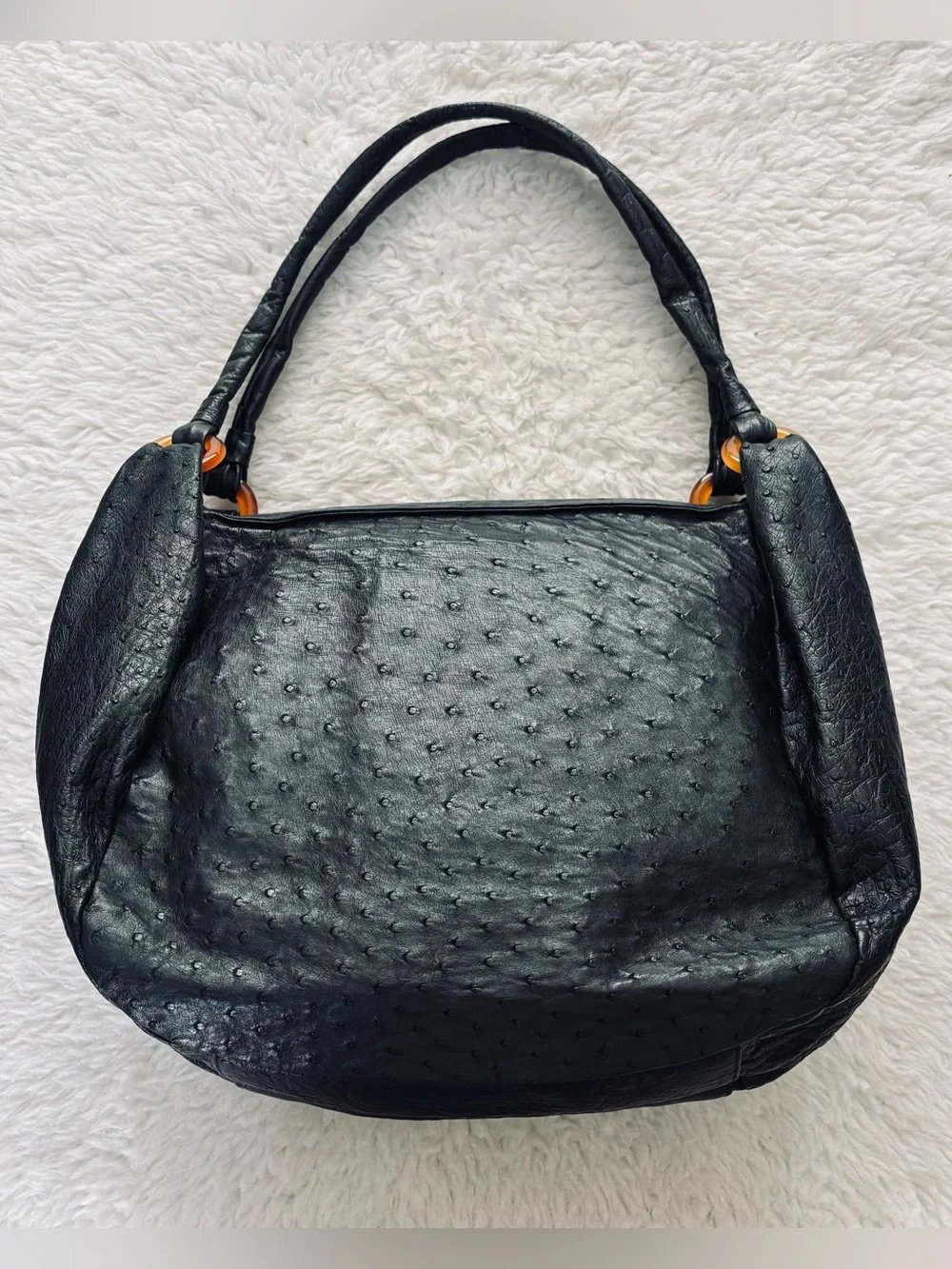 Vintage Black Genuine Ostrich Skin Leather Large Satchel Bag Size 13”x11”x7”